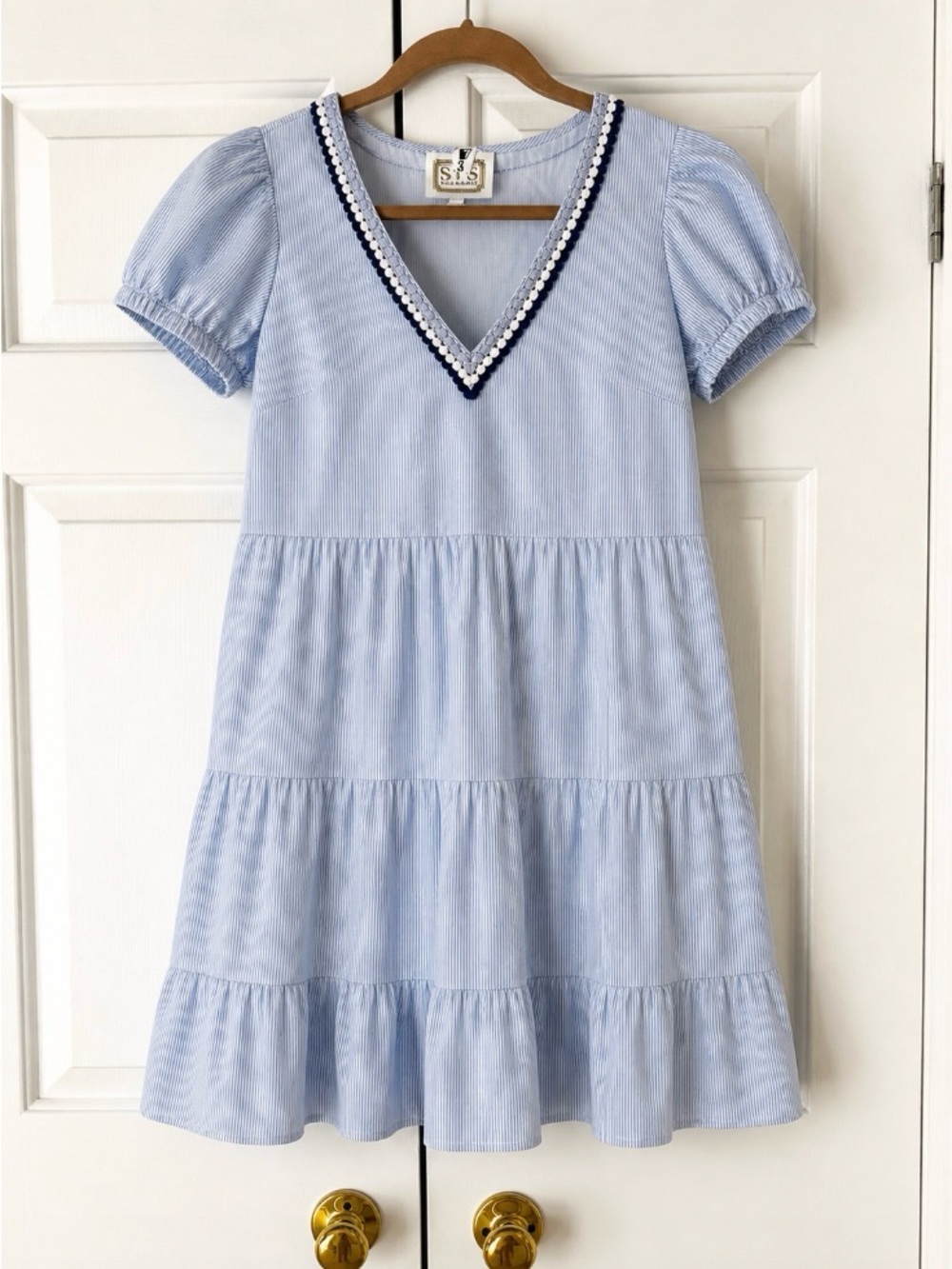 Sail to Sable Blue Stripe Tiered Puff Sleeve Mini Dress V-Neck Preppy Coastal